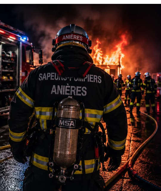 Sapeur-pompier d'Anières de dos face à un incendie, équipe en intervention